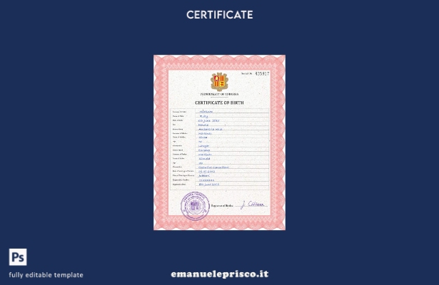 modello PSD del certificato di nascita dello stato civile di Andorra in stile ve